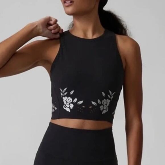Athleta Tops - Athleta Black Floral Laser-Cut Conscious Crop Bra Top